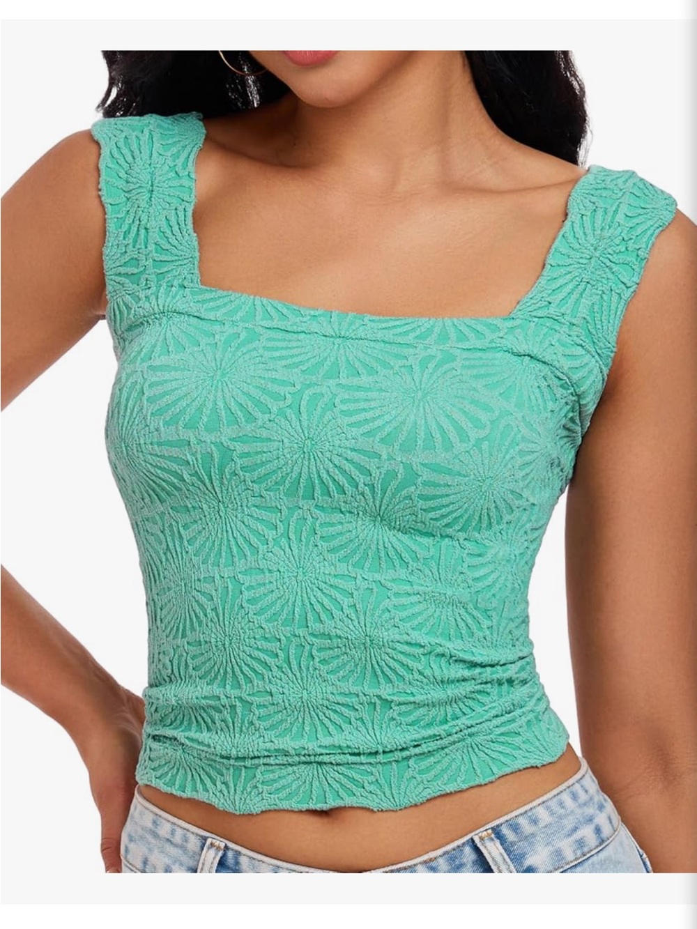 Square Neck Textured Tank Top in Mint Green